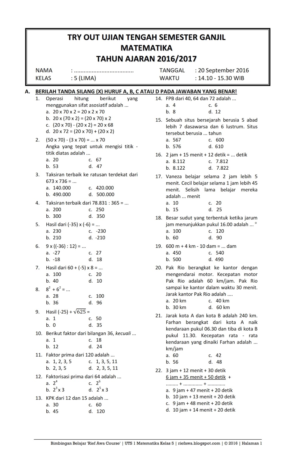 Detail Contoh Soal Matematika Kelas 5 Semester 1 Nomer 26