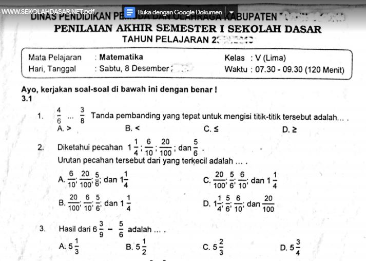 Detail Contoh Soal Matematika Kelas 5 Semester 1 Nomer 5