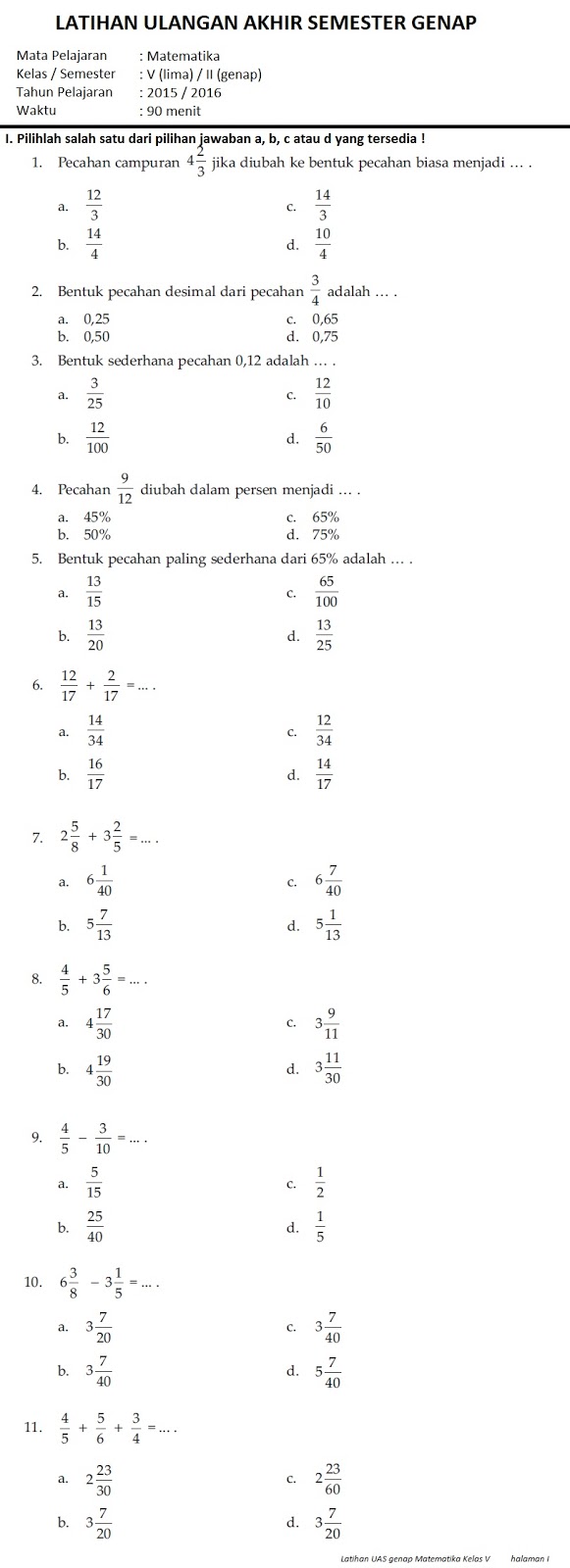 Detail Contoh Soal Matematika Kelas 5 Semester 1 Nomer 53