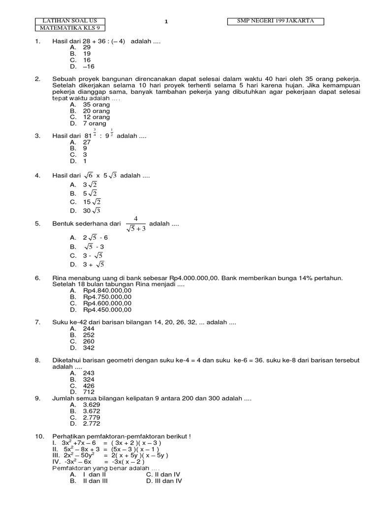 Detail Contoh Soal Matematika Kelas 9 Nomer 24