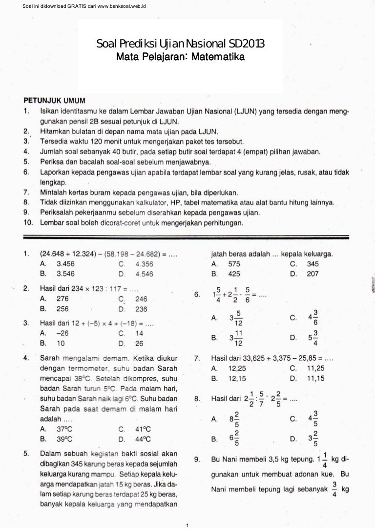 Contoh Soal Matematika Sd - KibrisPDR