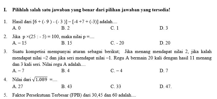 Detail Contoh Soal Matematika Smp Nomer 5