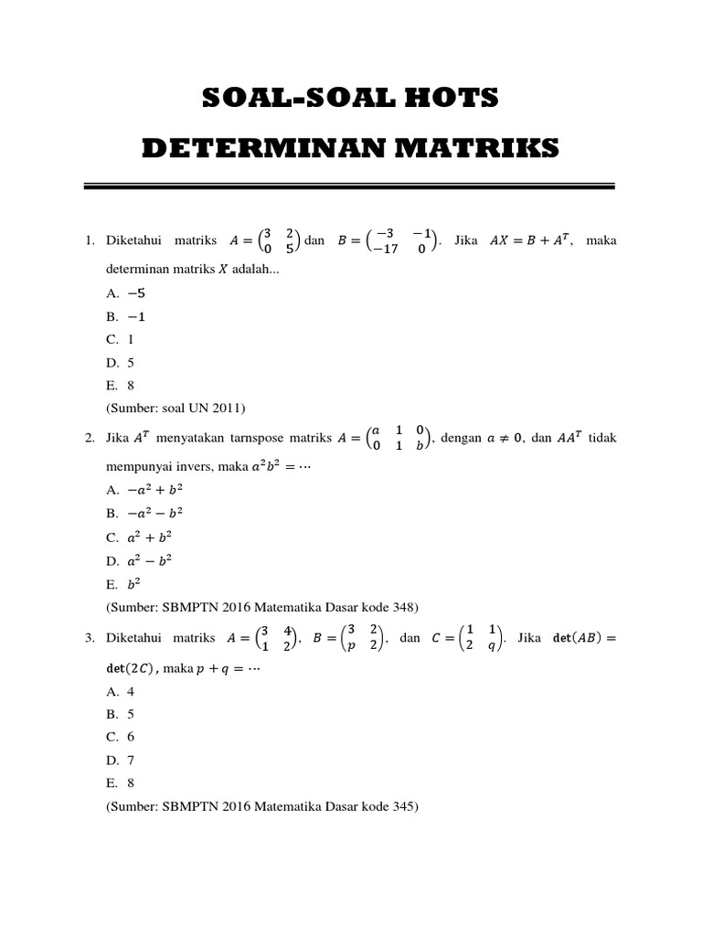 Detail Contoh Soal Matriks Determinan Nomer 46