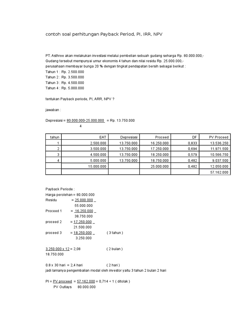 Detail Contoh Soal Metode Penilaian Investasi Nomer 12