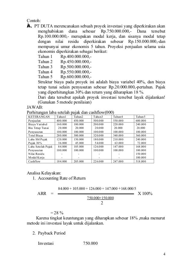 Detail Contoh Soal Metode Penilaian Investasi Nomer 5