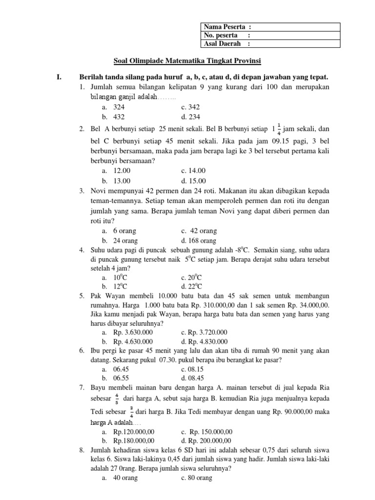 Detail Contoh Soal Olimpiade Matematika Sd Nomer 23