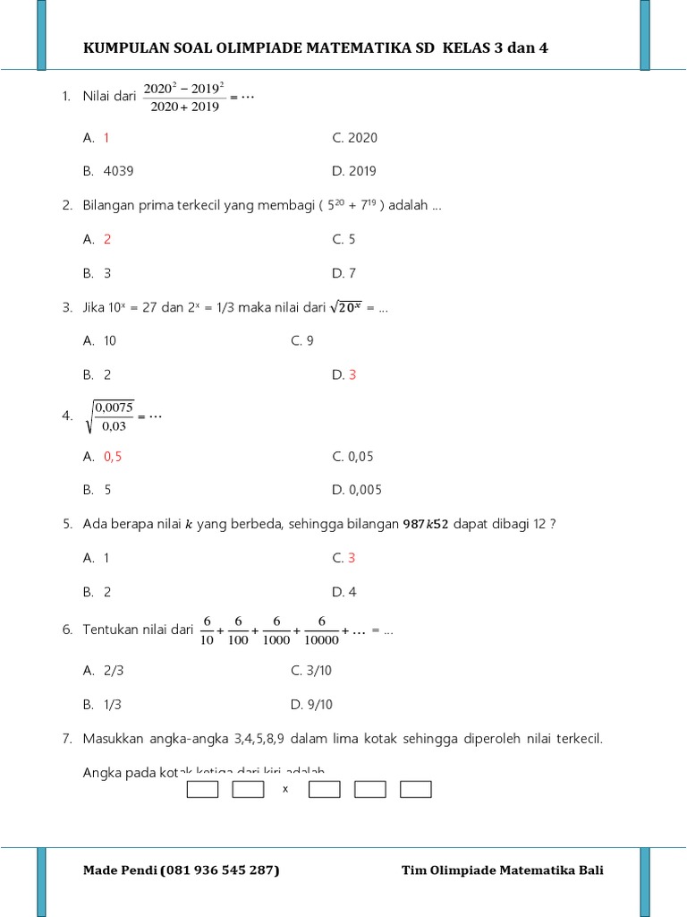 Detail Contoh Soal Olimpiade Matematika Sd Nomer 9