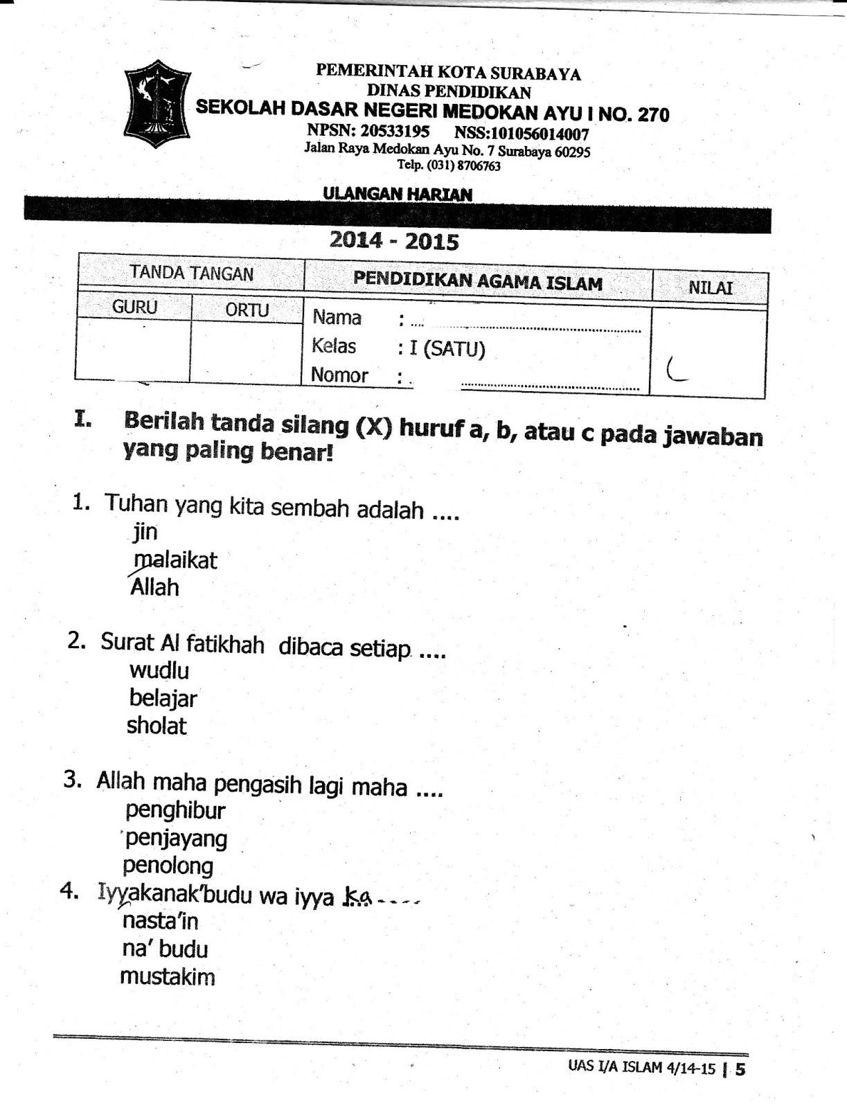 Detail Contoh Soal Pendidikan Agama Islam Kelas 1 Sd Nomer 11