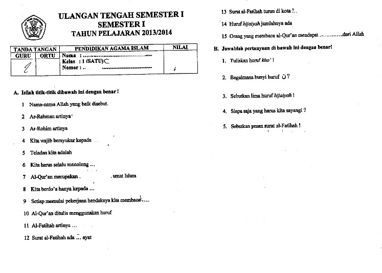 Detail Contoh Soal Pendidikan Agama Islam Kelas 1 Sd Nomer 18