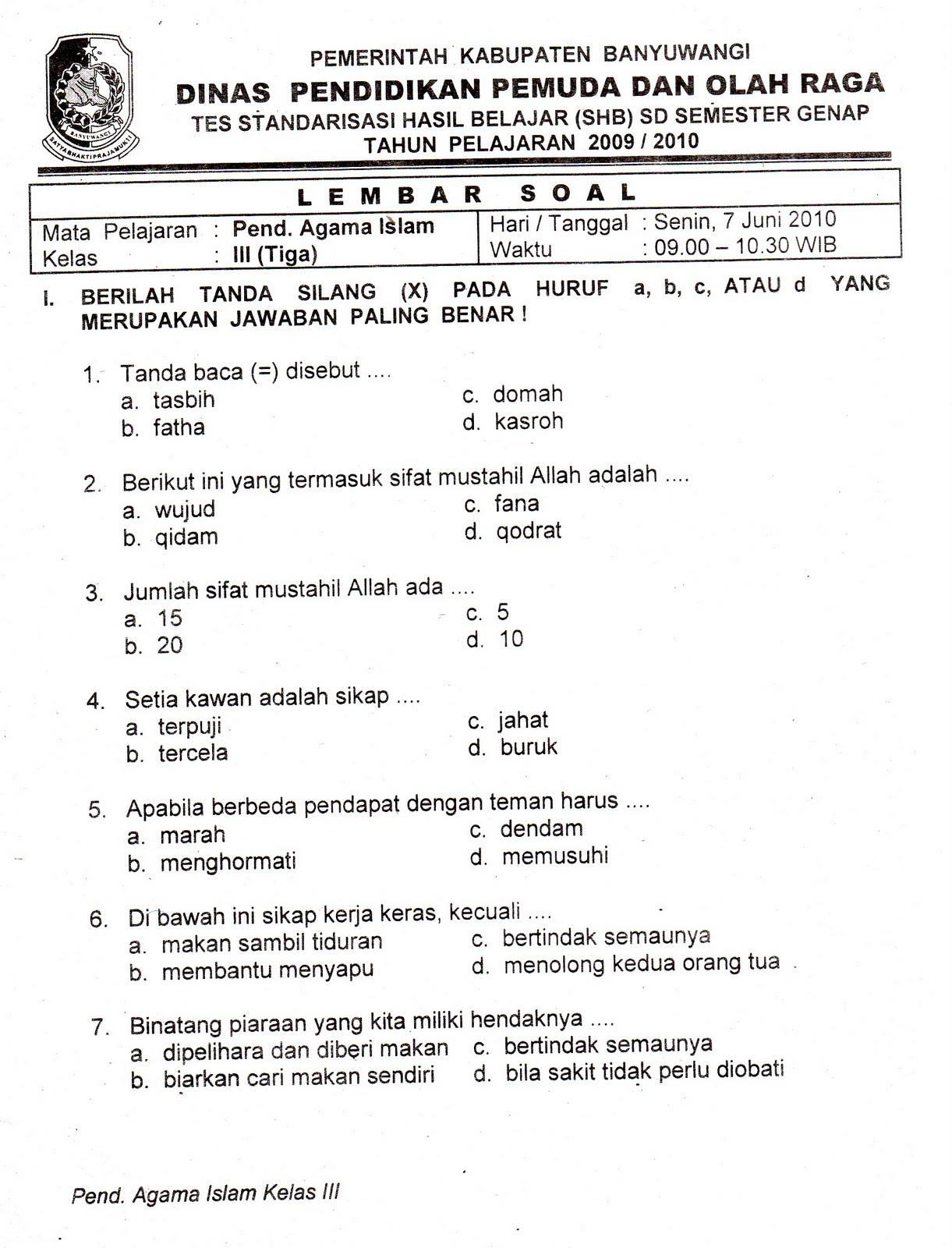 Detail Contoh Soal Pendidikan Agama Islam Kelas 1 Sd Nomer 22