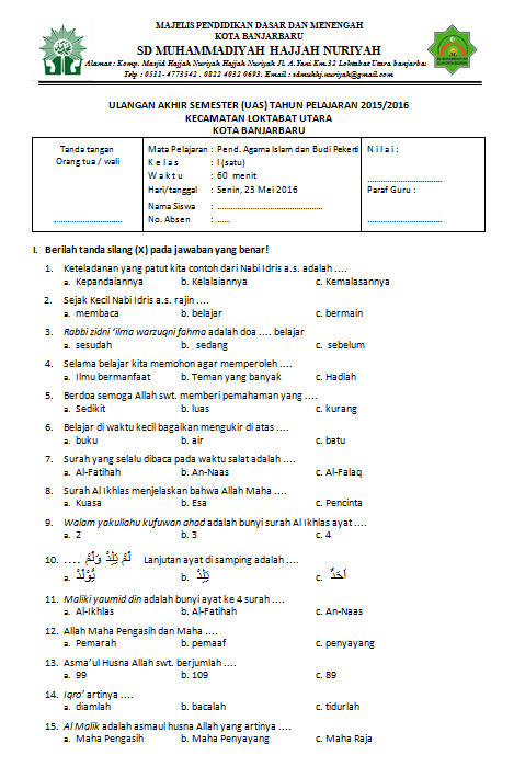 Detail Contoh Soal Pendidikan Agama Islam Kelas 1 Sd Nomer 30