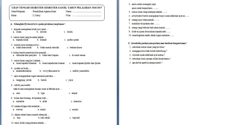 Detail Contoh Soal Pendidikan Agama Islam Kelas 1 Sd Nomer 44