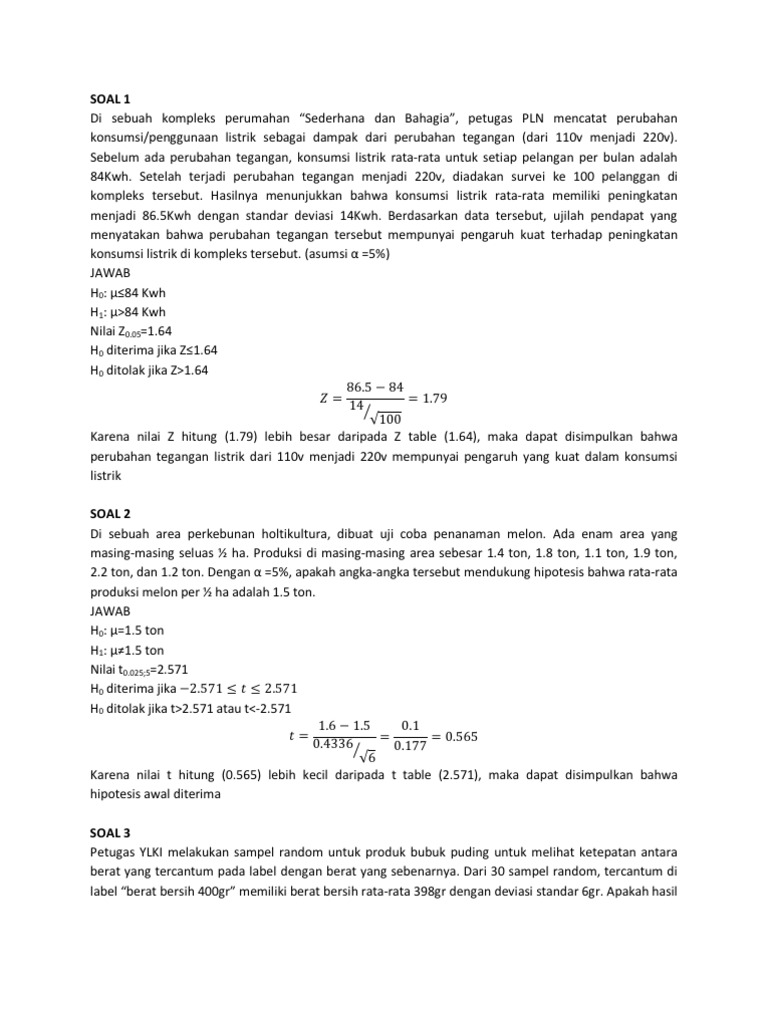 Detail Contoh Soal Pengujian Hipotesis Nomer 3