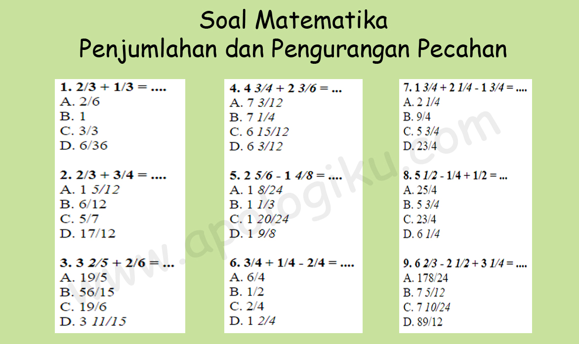 Detail Contoh Soal Penjumlahan Pecahan Berpenyebut Tidak Sama Nomer 33