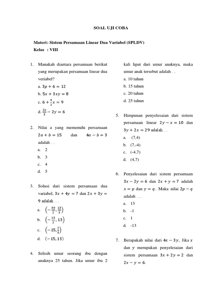 Detail Contoh Soal Persamaan Linear Dua Variabel Kelas 8 Nomer 42