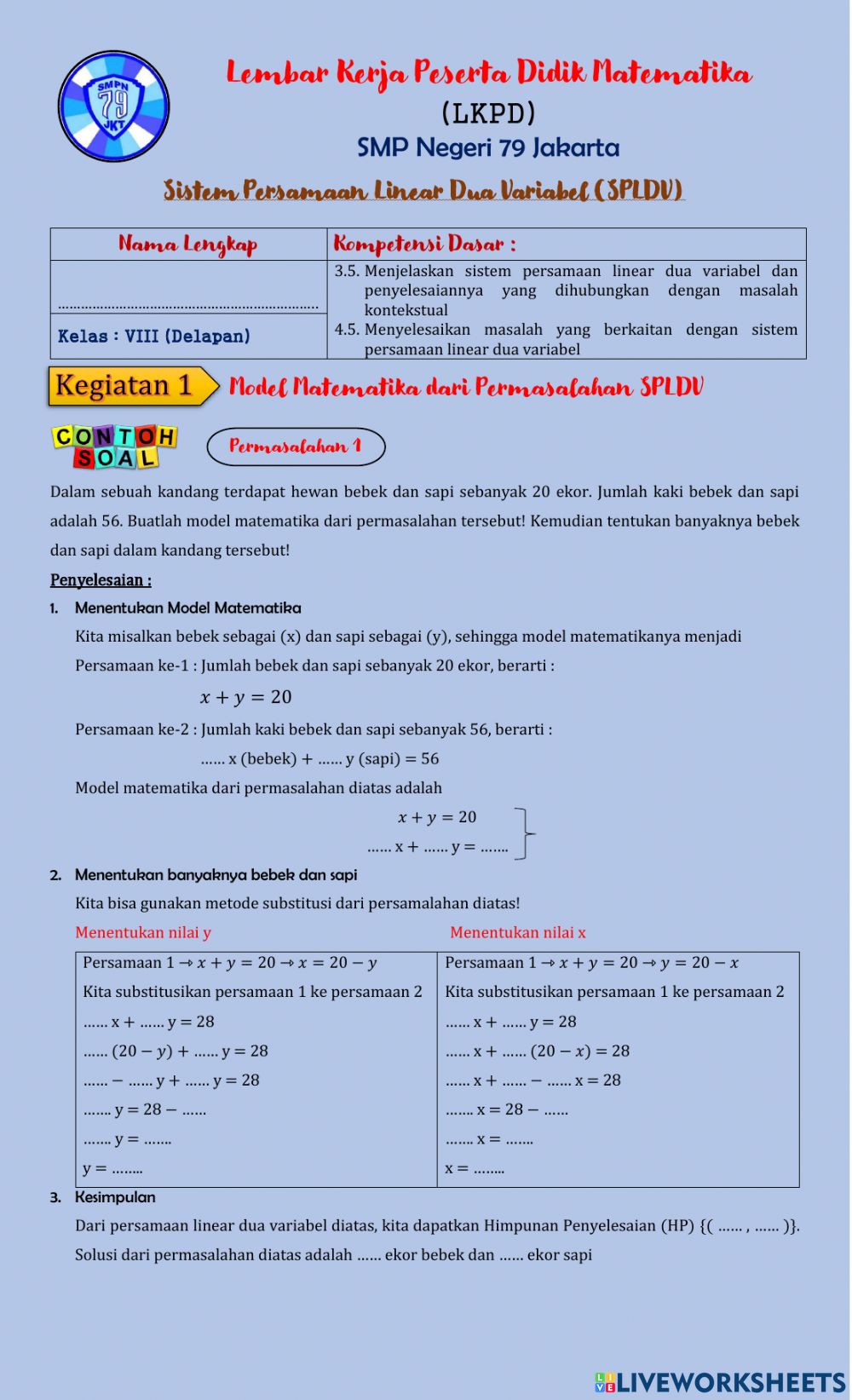 Detail Contoh Soal Persamaan Linear Dua Variabel Kelas 8 Nomer 43