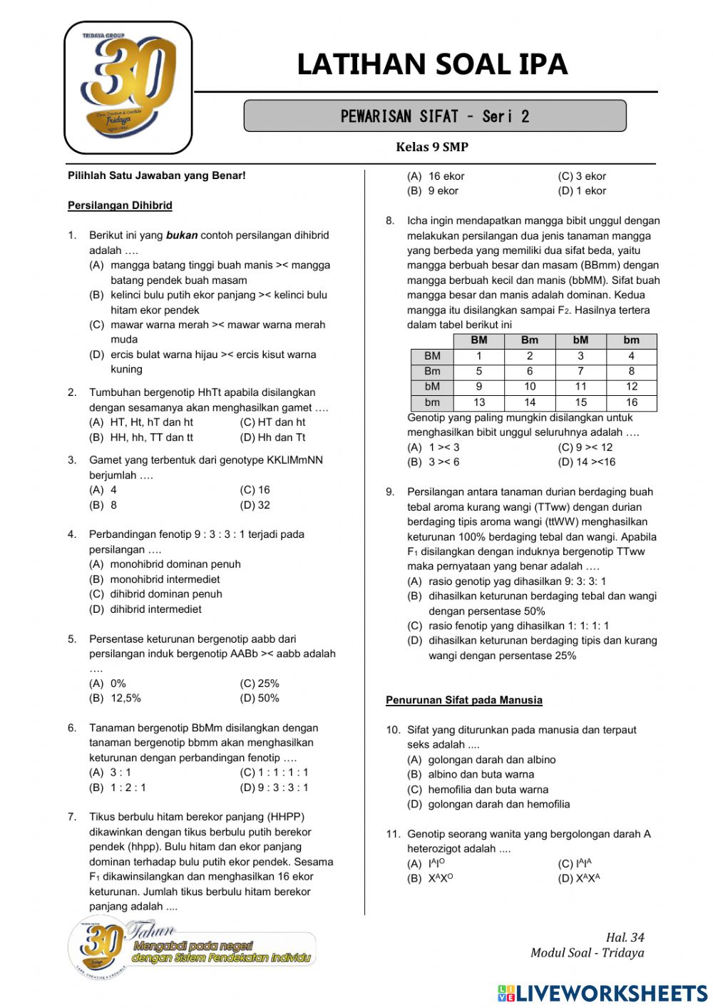 Detail Contoh Soal Pewarisan Sifat Nomer 9