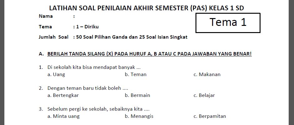 Detail Contoh Soal Sd Kelas 1 Nomer 55