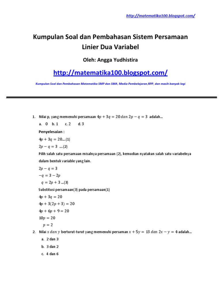 Detail Contoh Soal Sistem Persamaan Linear Nomer 4