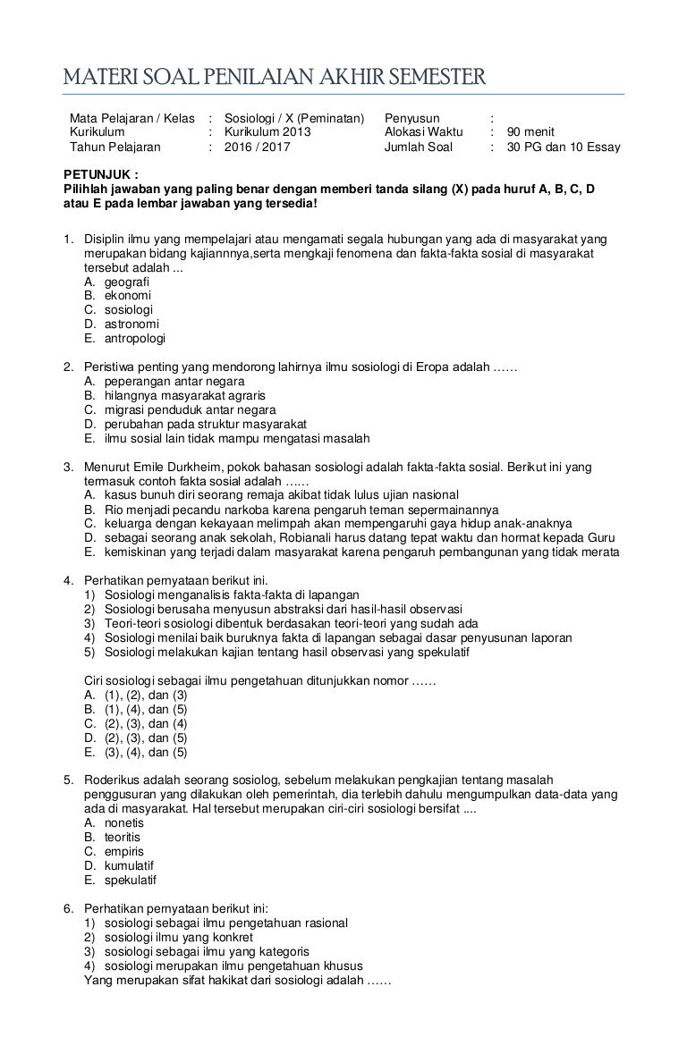 Contoh Soal Sosiologi Kelas 10 - KibrisPDR