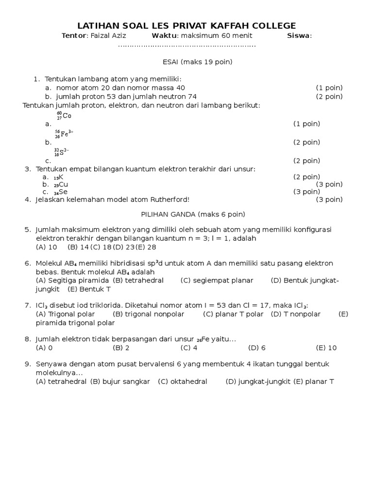 Detail Contoh Soal Struktur Atom Nomer 21