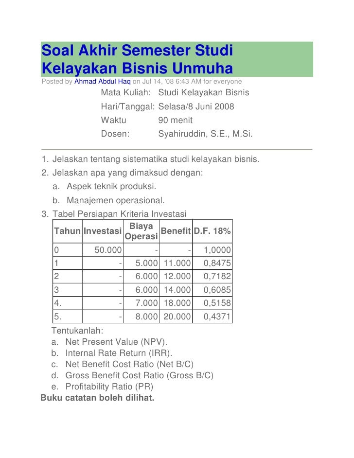 Detail Contoh Soal Studi Kelayakan Bisnis Nomer 6