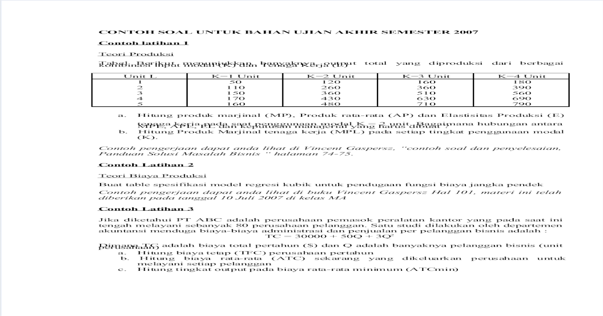 Detail Contoh Soal Teori Produksi Nomer 3