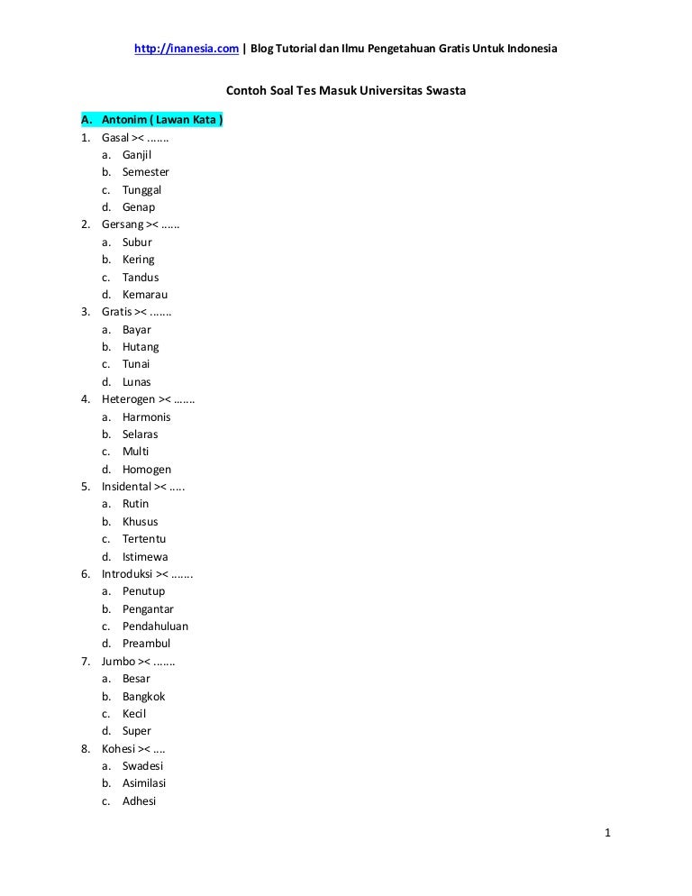 Detail Contoh Soal Tes Masuk Kuliah Swasta Nomer 20