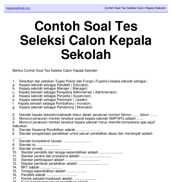 Detail Contoh Soal Tes Substansi Calon Kepala Sekolah Nomer 16