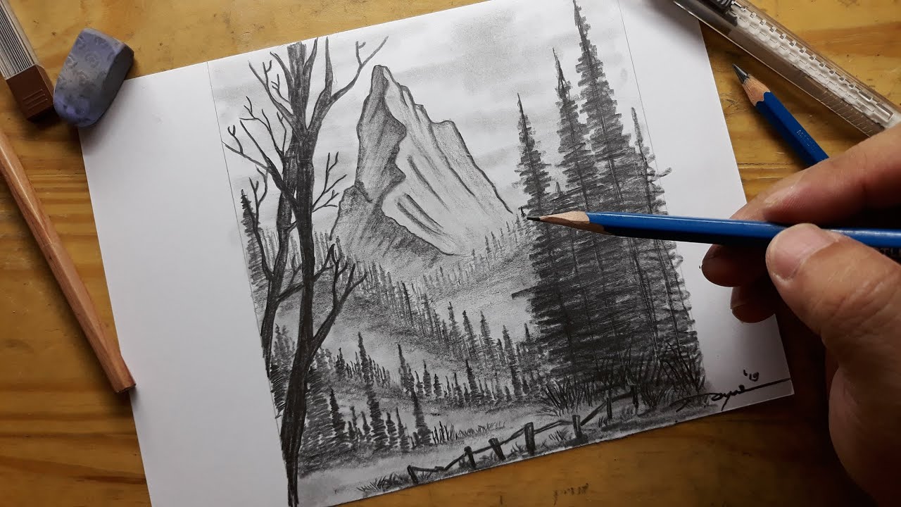 Detail Gambar Lukisan Gunung Yang Mudah Pensil Nomer 14