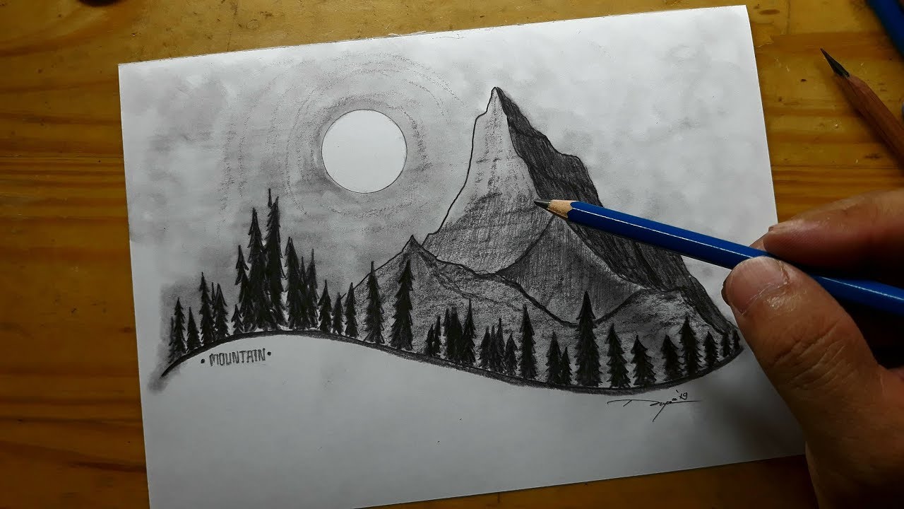 Detail Gambar Lukisan Gunung Yang Mudah Pensil Nomer 7