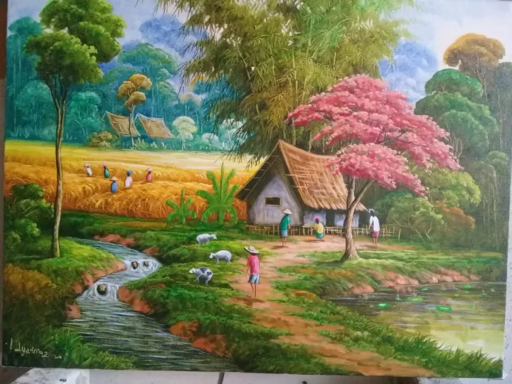 Detail Gambar Lukisan Pemandangan Kampung Nomer 5