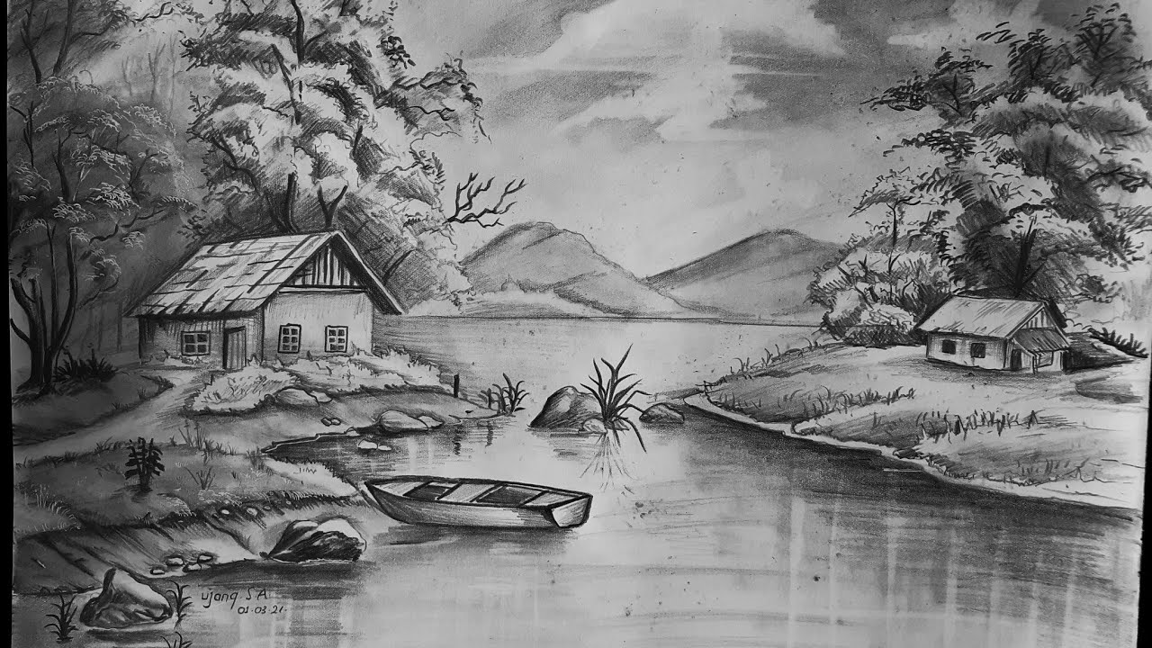 Detail Gambar Lukisan Pemandangan Pensil Nomer 13