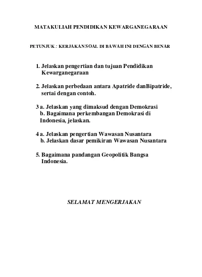 Detail Contoh Soal Uts Pendidikan Kewarganegaraan Kuliah Nomer 13