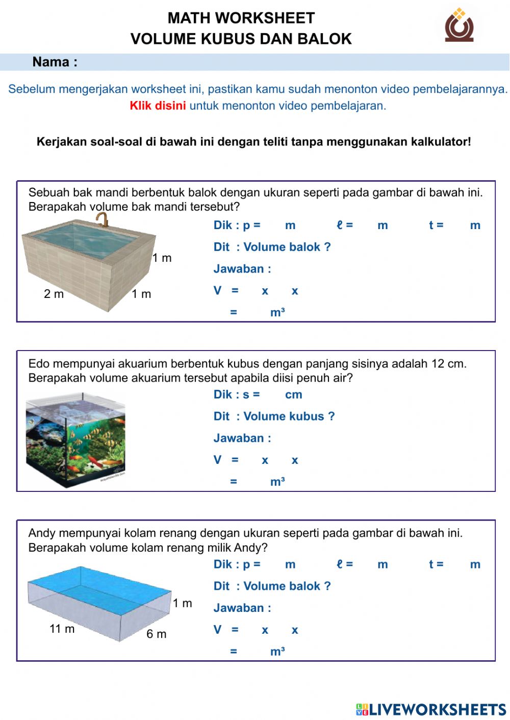 Detail Contoh Soal Volume Kubus Dan Balok Nomer 12