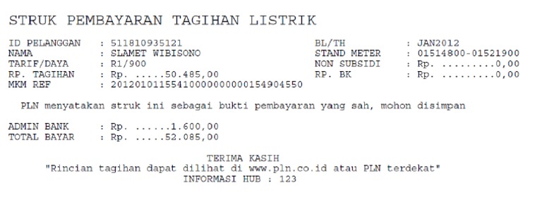 Detail Contoh Struk Pembayaran Listrik Nomer 2