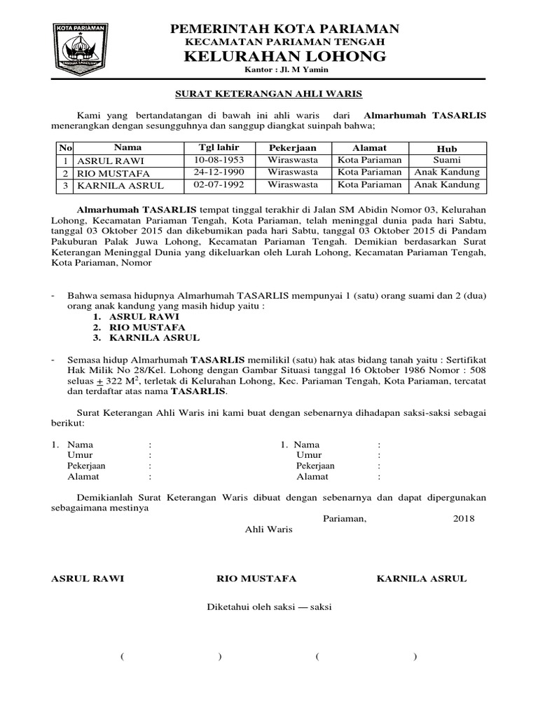 Detail Contoh Surat Ahli Waris Dari Kelurahan Nomer 37