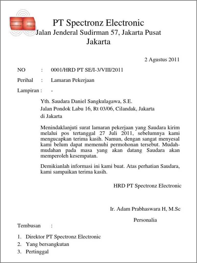 Detail Contoh Surat Balasan Lamaran Pekerjaan Ditolak Nomer 4