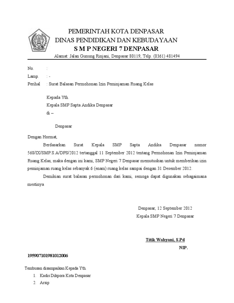 Contoh Surat Balasan Permohonan Izin Tempat - KibrisPDR