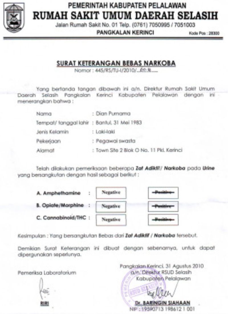 Detail Contoh Surat Bebas Narkoba Nomer 2