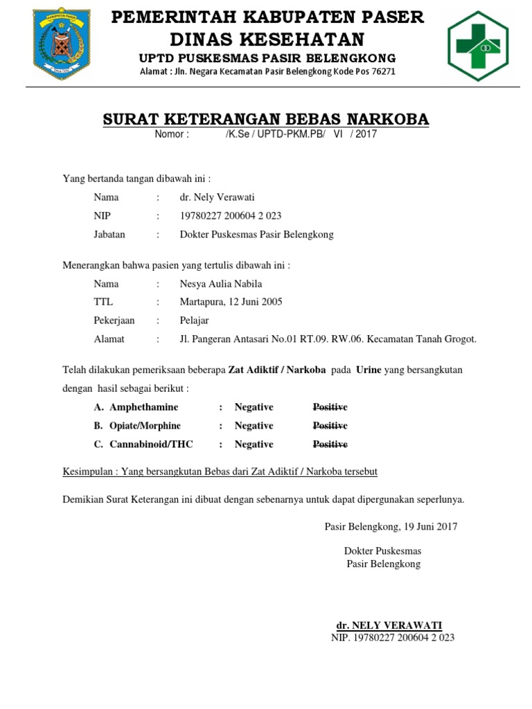 Detail Contoh Surat Bebas Narkoba Nomer 11