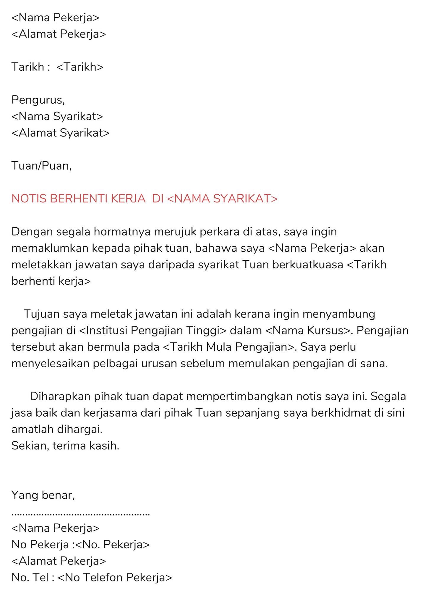 Detail Contoh Surat Berhenti Kerja Serta Merta Nomer 9