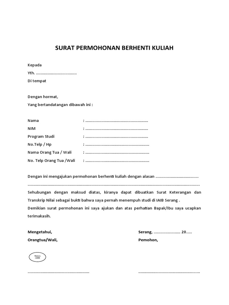 Detail Contoh Surat Berhenti Kuliah Nomer 6