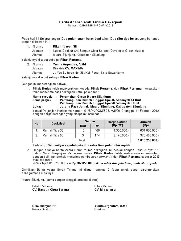 Detail Contoh Surat Berita Acara Serah Terima Pekerjaan Proyek Nomer 40