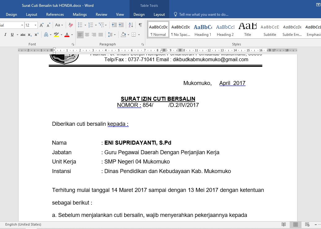 Detail Contoh Surat Cuti Melahirkan Doc Nomer 35