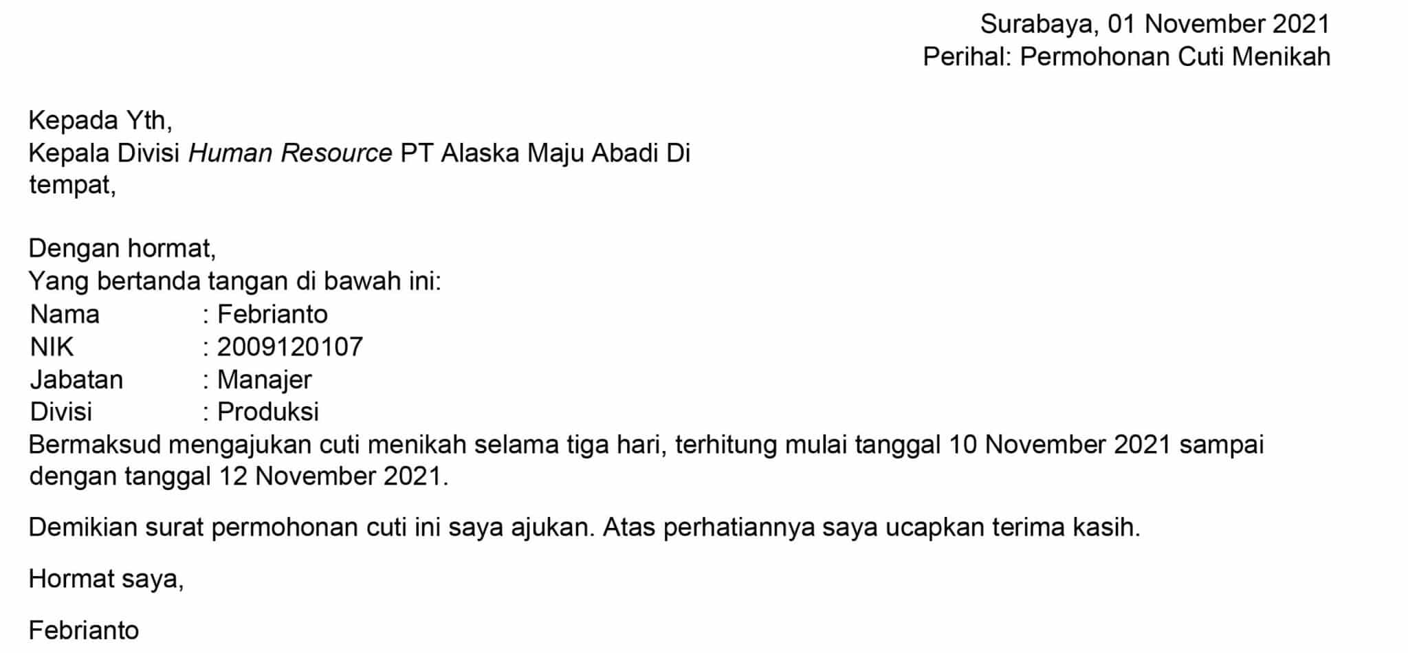 Detail Contoh Surat Cuti Menikah Nomer 31