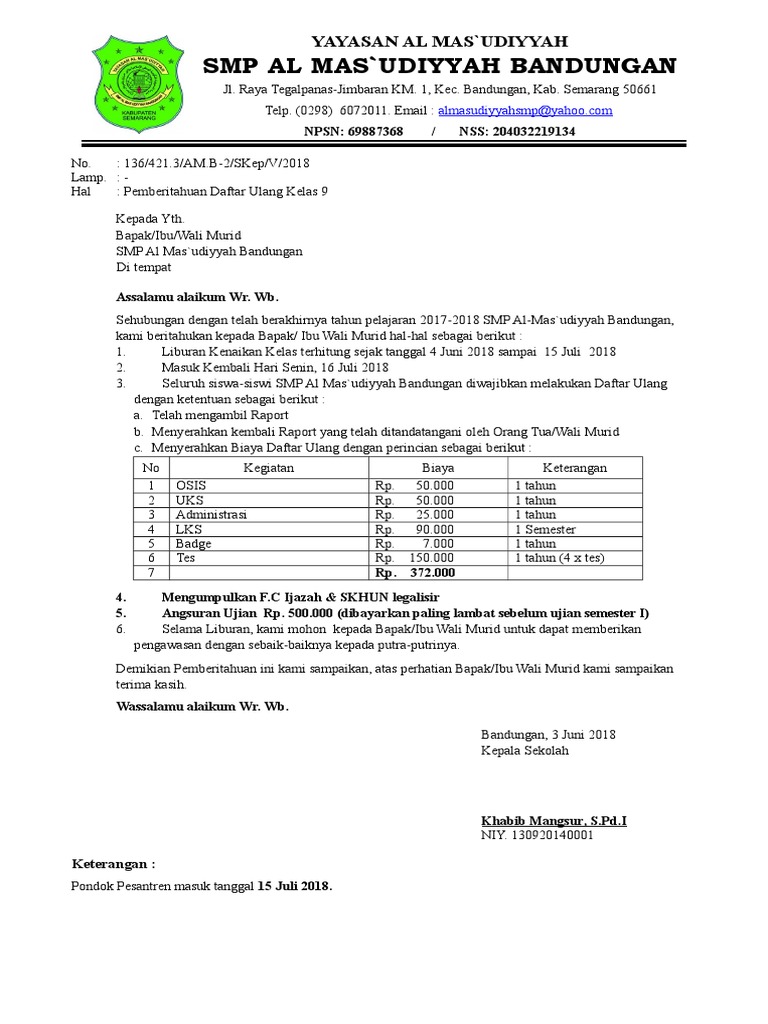 Contoh Surat Daftar Ulang Sekolah - KibrisPDR