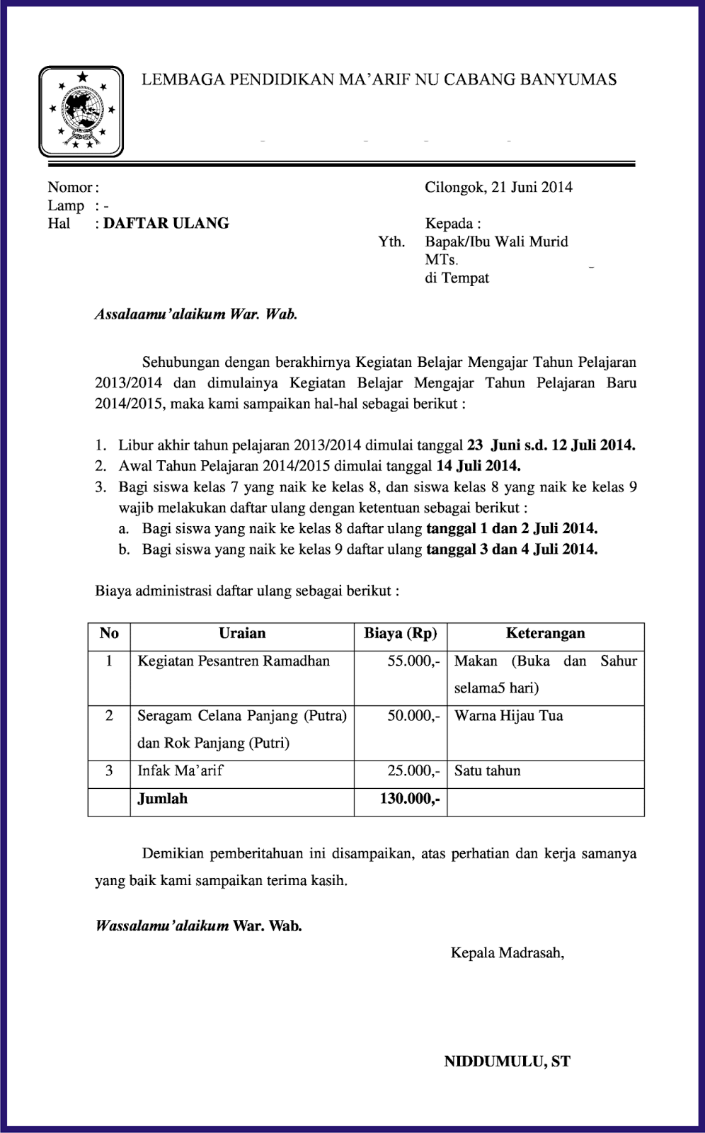 Detail Contoh Surat Daftar Ulang Sekolah Nomer 6