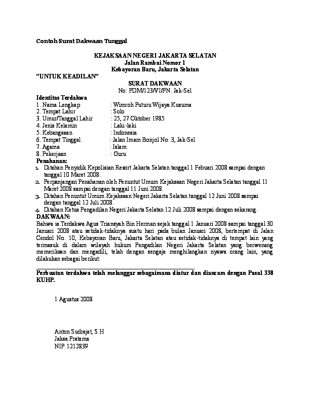 Detail Contoh Surat Dakwaan Nomer 4