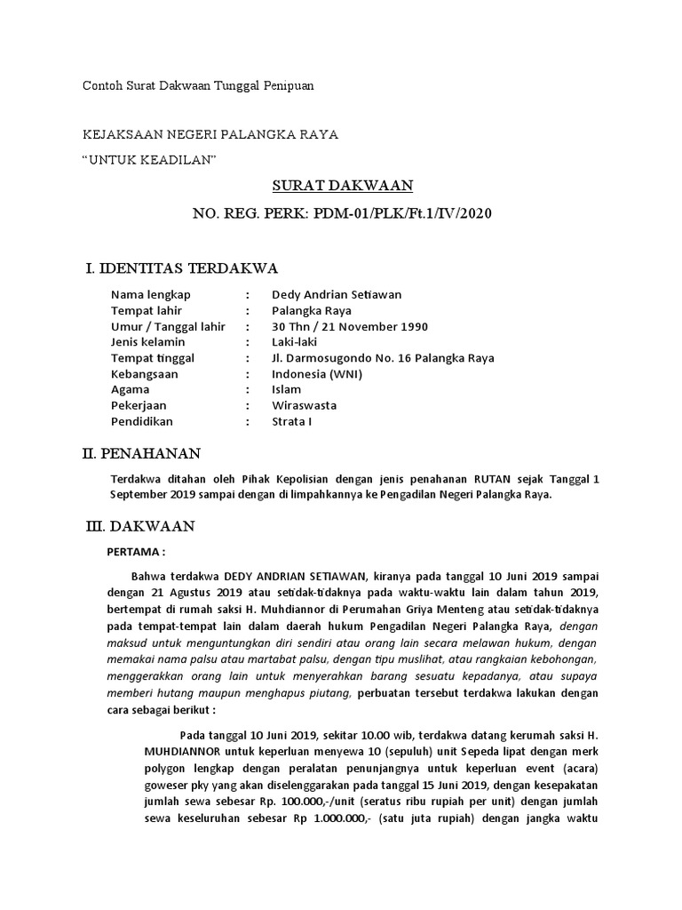 Detail Contoh Surat Dakwaan Alternatif Nomer 8